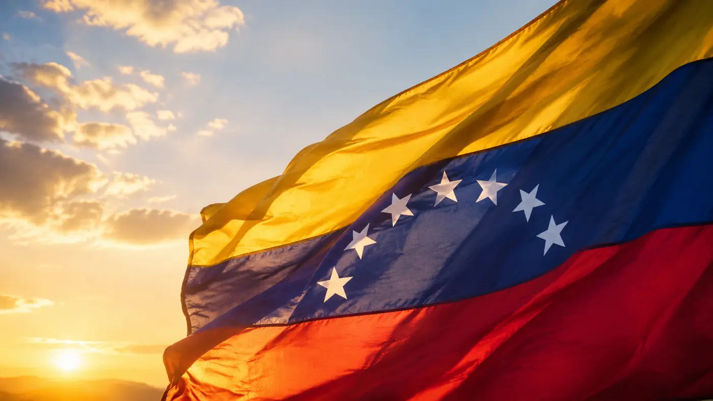 Bandera de Venezuela ondeando al amanecer sobre un cielo despejado